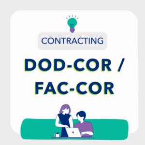 dod-cor/fac-cor contracting course category overview page logo - two animated people look towards a laptop. The colors are bright blues, purple, and seafoam teal. Big block letters spell out the course category, "DoD-COR / FAC-COR"