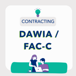 dawia/fac-c contracting course category overview page logo - two animated people look towards a laptop. The colors are bright blues, purple, and seafoam teal. Big block letters spell out the course category, "DAWIA/FAC-C"