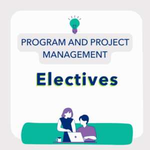 program and project management elective course category overview page logo - two animated people look towards a laptop. The colors are bright blues, purple, and seafoam teal. Big block letters spell out the course category, "program and project management electives"