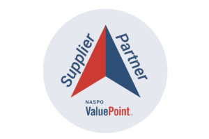 naspo supplier partner logo featuring a two-toned arrow with the left side being red and the right side being blue.