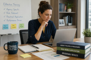 Professional woman participating in customized federal workforce training in a modern office environment, with agency-specific planning materials focused on real-world application, compliance, and operational effectiveness.