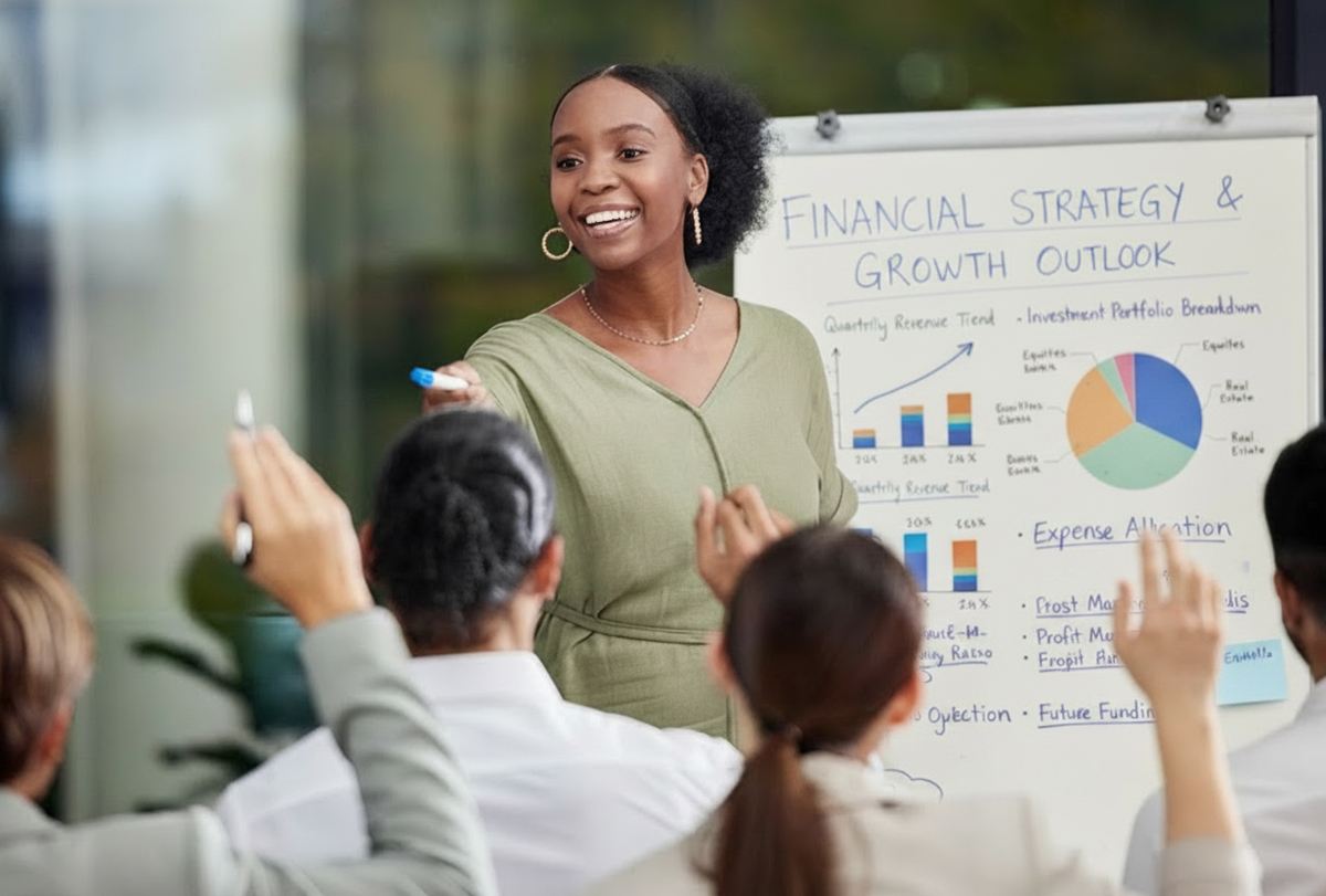 Instructor leading a federal financial management training session with professionals participating in an interactive classroom discussion.