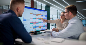 Project team reviewing a project management schedule and timeline on a digital display during a planning meeting.