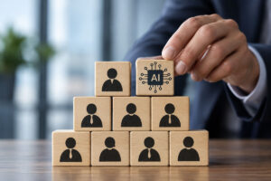 Wooden blocks representing a human workforce with AI integrated into the organization