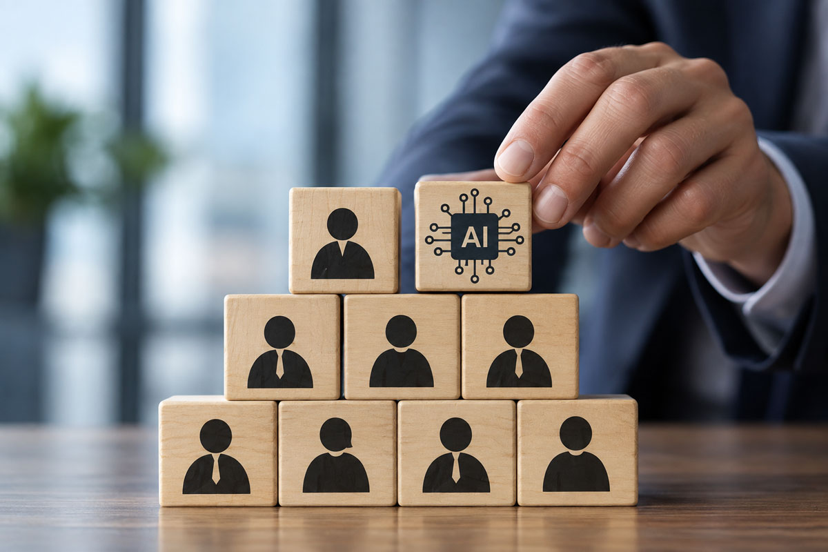 Wooden blocks representing a human workforce with AI integrated into the organization
